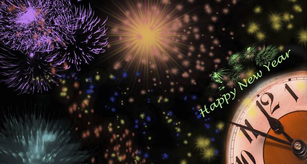 Fuochi d'artificio a Capodanno con orologio e saluti davanti
 - Foto, immagini