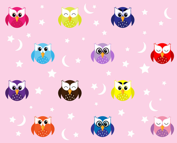 multi-colored owls with stars on a pink background - ベクター画像