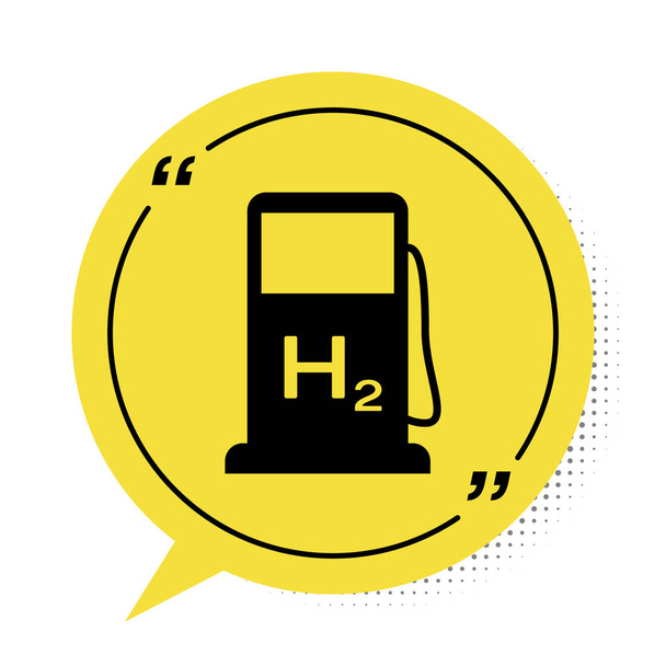 Ikona černého vodíku čerpací stanice izolované na bílém pozadí. Staniční znak H2. Žlutý symbol bubliny řeči. Vektorová ilustrace - Vektor, obrázek