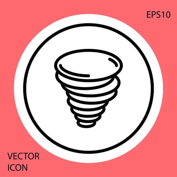 Black Tornado icon isolated on red background. Cyclone, whirlwind, storm funnel, hurricane wind or twister weather icon. White circle button. Vector Illustration - Vector, Image
