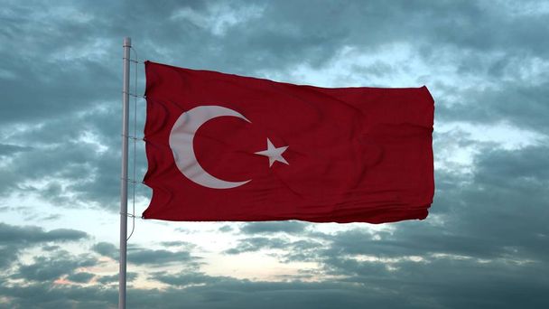 Turkish flag is waving at a beautiful sky. 3D Rendering - Photo, Image