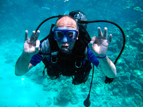 Человек ныряльщик с аквалангом и красивый красочный коралловый риф под водой
 - Фото, изображение