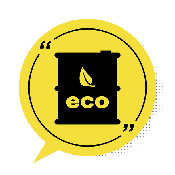 Černá Bio palivová hlaveň ikona izolované na bílém pozadí. Eco bio a kanystr. Zelené prostředí a recyklace. Žlutý symbol bubliny řeči. Vektorová ilustrace - Vektor, obrázek