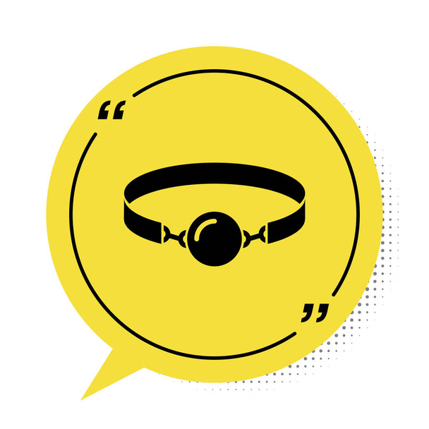 schwarzer Silikonball-Knebel mit einem Ledergürtel-Symbol auf weißem Hintergrund. Fetisch-Accessoire. Sexspielzeug für Männer und Frauen. gelbes Sprechblasensymbol. Vektorillustration - Vektor, Bild