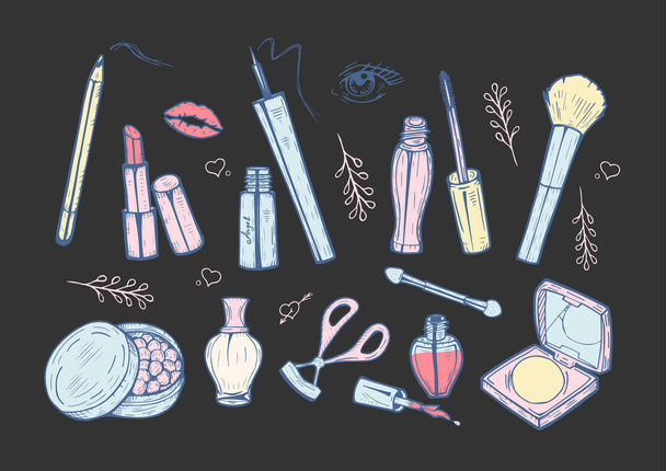 Cute girlish makeup items icons set - Vector, afbeelding