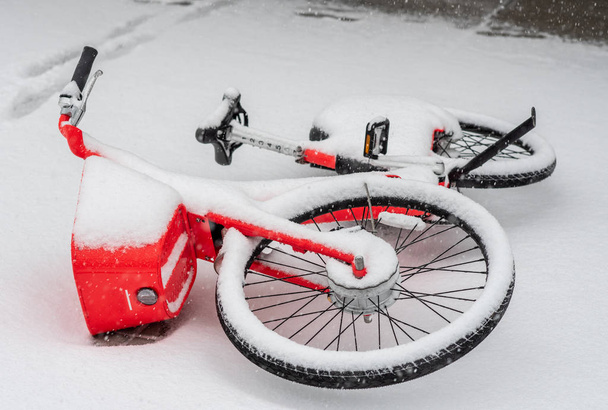 Alquiler de bicicletas abandonadas tiradas en una acera durante una tormenta de nieve
 - Foto, Imagen