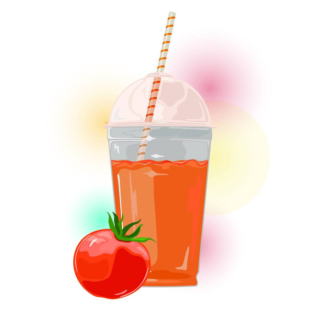 El tomate rojo con hojas está cerca del vaso de jugo. Vegetales y bebidas frescas en taza transparente
. - Vector, Imagen