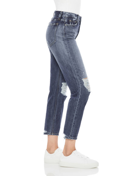 blue tight jeans with black heels for woman, Blue casual denim for women’s with design of edges paired with black footwear and white background - Photo, Image