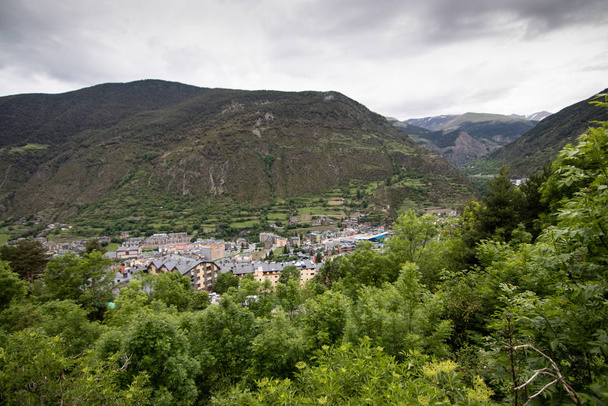 Aerial view of a small village of Encamp, located in Pyrenees Mountains,in Andorra. Great place for hiking, trekking, camping. Great hike in the forest with lots of incredible views of the mountains - Photo, Image