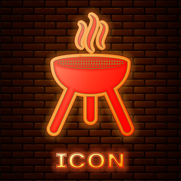 Glowing neon Barbecue grill icon isolated on brick wall background. BBQ grill party.  Vector Illustration - Vector, Image