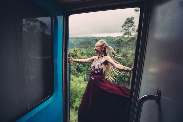 Female wearing beautiful dress travel by train in Sri Lanka - Fotoğraf, Görsel