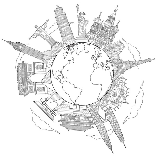 Ao redor do mundo viagens famoso marco doodle arte desenho
  - Vetor, Imagem