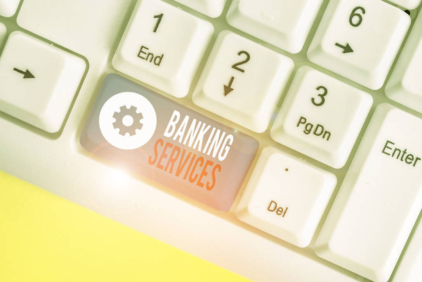 Szóírás szöveg Banki szolgáltatások. Üzleti koncepció a demonstrációs pénzügyek elemzésére és az eszközök építésére szolgáló eszközök számára. - Fotó, kép