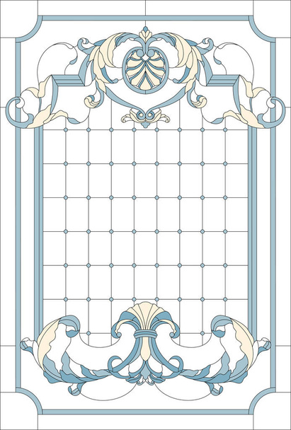 Foltos üveg ablakdíszítő panel téglalap alakú keretben, a rügyek és levelek absztrakt virágos elrendezése barokk stílusban - Vektor, kép