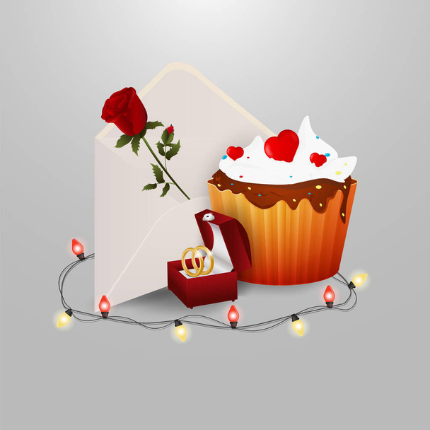 sweet cupcake postal envelope with rose flower ring box garland  - Vector, afbeelding