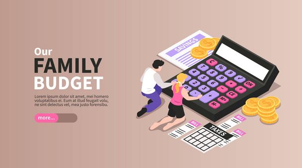 家族の予算｜アイソメトリックバナー - ベクター画像
