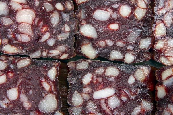 parts of sausage, salami close-up. fast food and br - Photo, Image