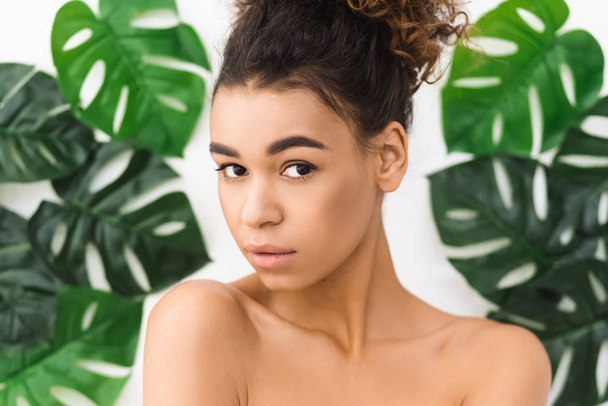 Beauty concept. Beautiful afro woman against tropical leaves - 写真・画像