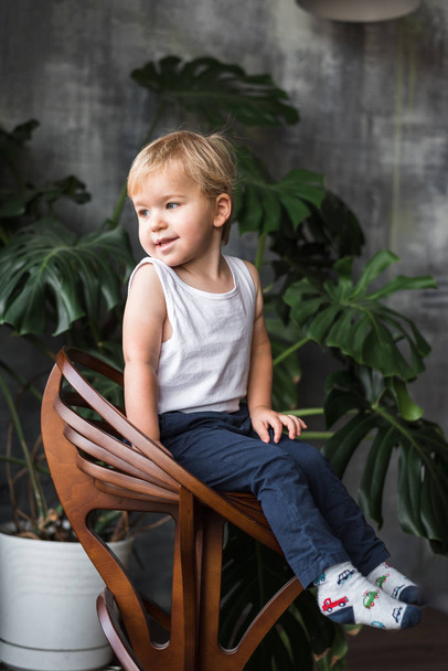 a little boy of European appearance blond looks into the distance sitting on a chair against a background of tropical flowers in a white T-shirt and blue pants - Fotoğraf, Görsel