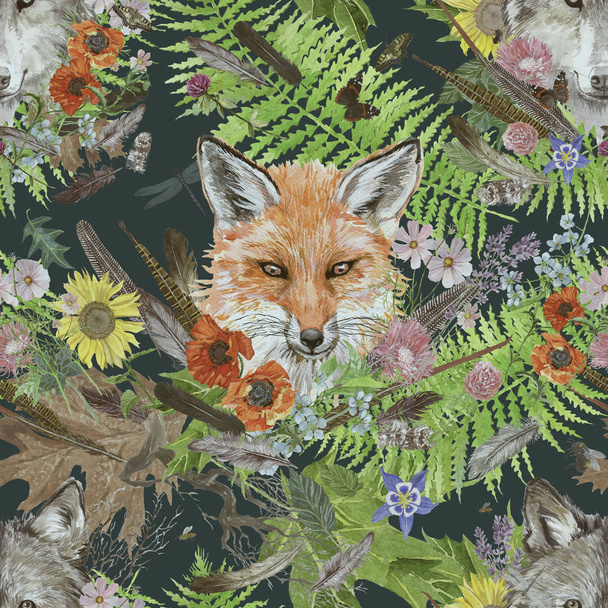 eamless watercolor pattern with fox and wolf heads - Photo, Image