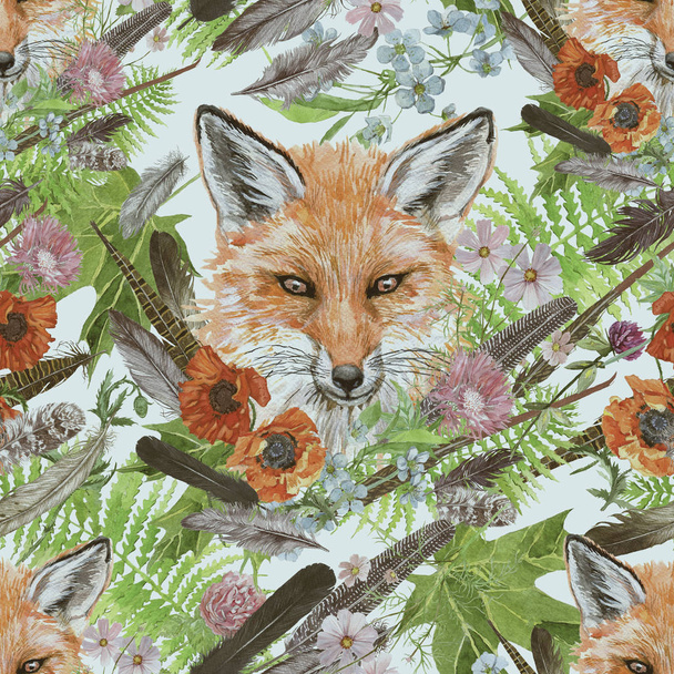 Seamless watercolor hand drawn vintage pattern with bear heads, flowers, feathers. - Photo, Image