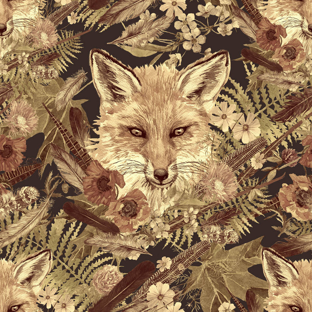 Seamless watercolor hand drawn vintage pattern with bear heads, flowers, feathers. - 写真・画像
