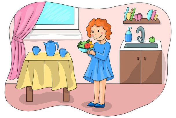 Dívka před jídlem myje zeleninu. Dětská vektorová ilustrace - Vektor, obrázek