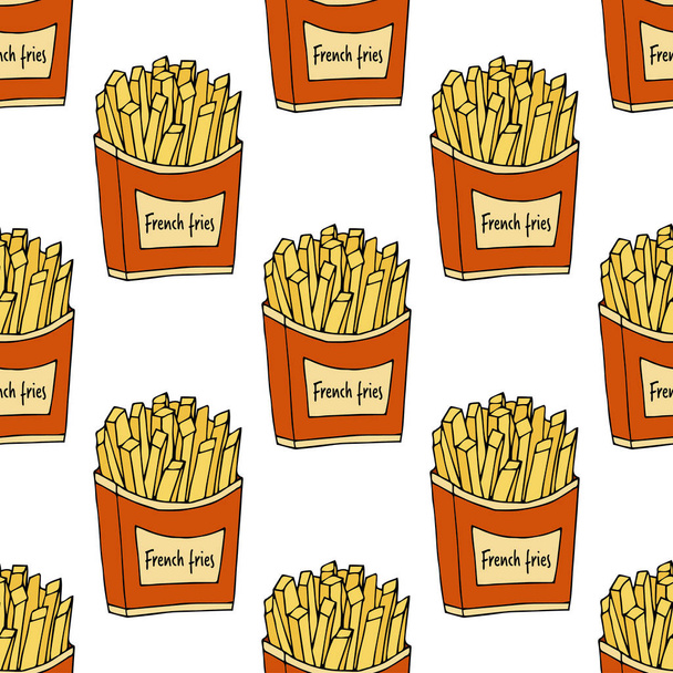Fried potatoes. Seamless pattern. hand drawn vector illustration.  french fries. doodles or cartoon style. - Vector, Image
