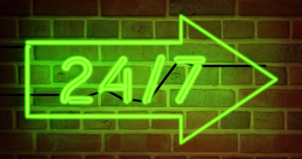 neon sign 24 7 näyttää liiketoiminnan auki ja tukea saatavilla. Milloin tahansa kaupallinen neuvontapalvelu mainos tarkoittaa apua tahansa tunti - 4k
 - Materiaali, video
