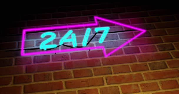neon sign 24 7 shows business open and support available. Anytime commercial helpdesk advertisement means help any hour - 4k - Footage, Video