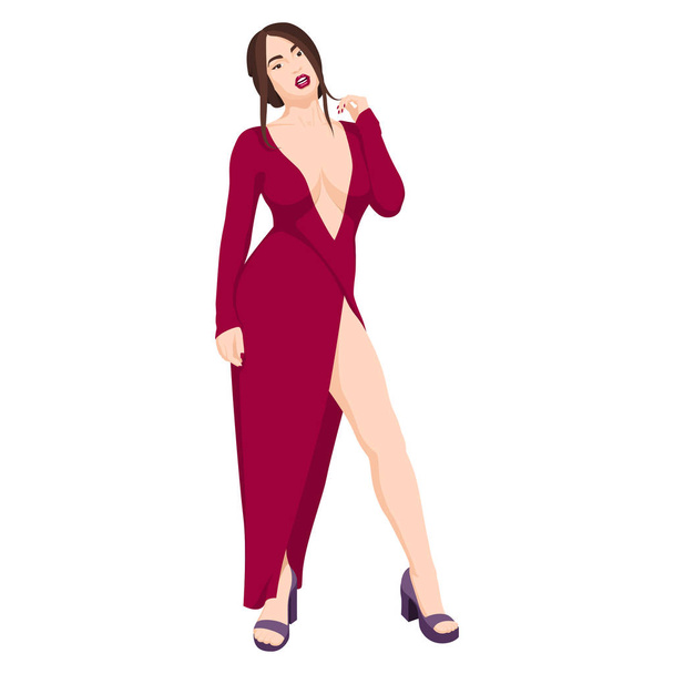 Menina bonita sexy em vestido vermelho com forma de corpo fitness lindo em saltos altos, de pé em pose erótica, mostrando sua grande perna saborosa e seios
. - Vetor, Imagem