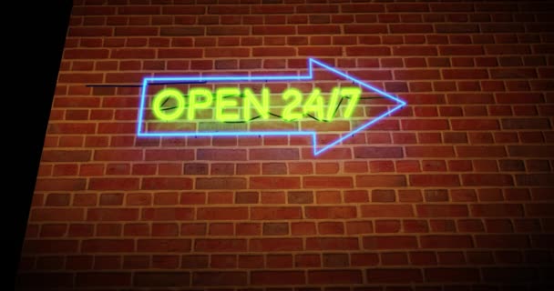 Nyitott 24 7 neon táblák azt mutatják, az üzlet nyitva és támogatás áll rendelkezésre. Bármikor kereskedelmi helpdesk hirdetés azt jelenti, segítség bármely órában - 4k - Felvétel, videó