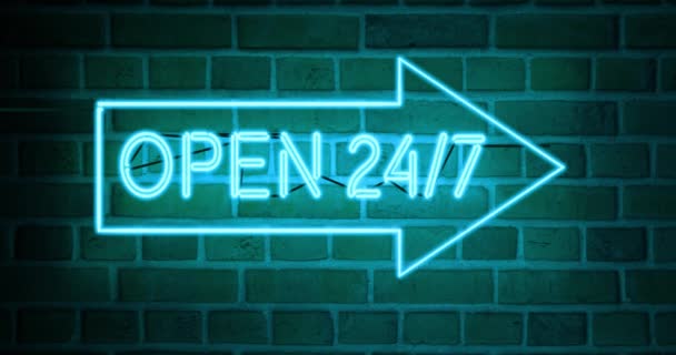 Otevřeno 24 7 neonových značek ukazuje otevření obchodu a podporu k dispozici. Kdykoli komerční helpdesk reklama znamená pomoc každou hodinu - 4k - Záběry, video