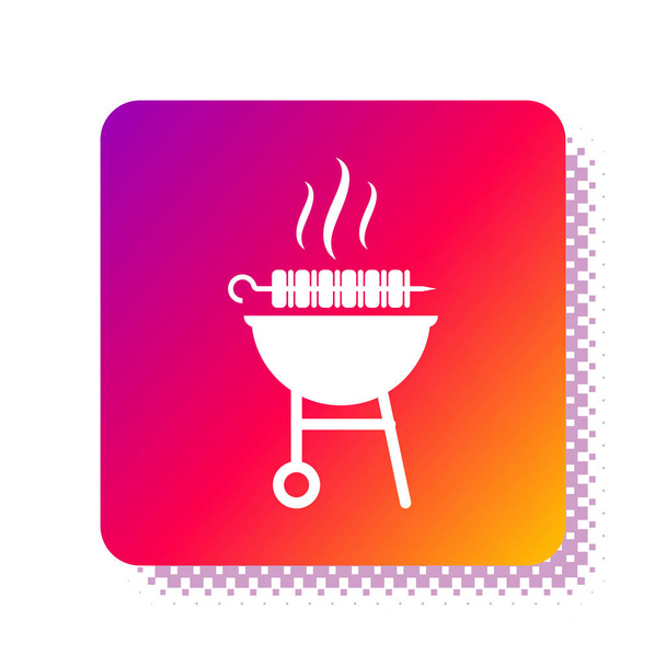 White Barbecue grilled shish kebab on skewer stick icon isolated on white background. BBQ meat kebab on skewer stick. Picnic with grill meat. Square color button. Vector Illustration - Vector, Image