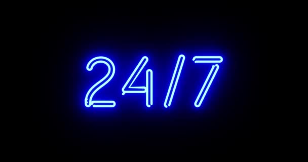 neon sign 24 7 shows business open and help available. Anytime commercial helpdesk advertisement means support any hour - 4k - Footage, Video