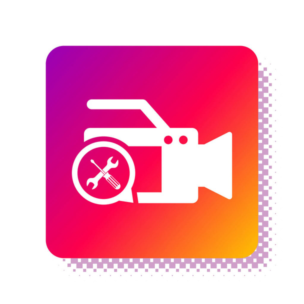White Video camera with screwdriver and wrench icon isolated on white background. Adjusting, service, setting, maintenance, repair, fixing. Square color button. Vector Illustration - Vector, Image