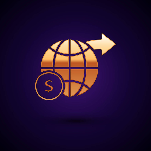 Gouden aarde Globe met dollar symbool pictogram geïsoleerd op donker blauwe achtergrond. Wereld-of Aardeteken. Globaal Internet symbool. Geometrische vormen. Vector illustratie - Vector, afbeelding