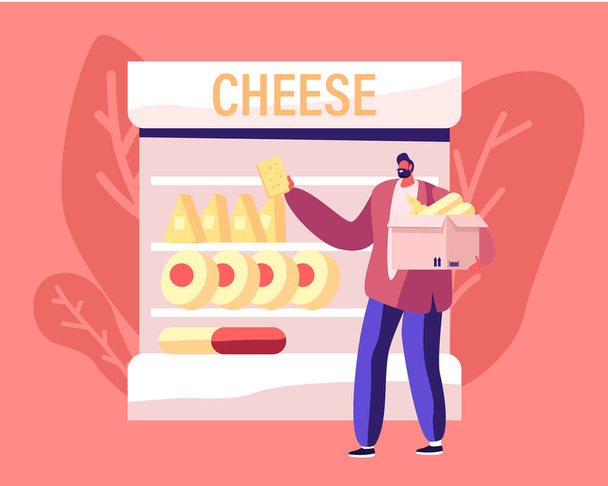 Cheesemaking Industry and Retail Business. Man Customer Choose and Take Dairy Production da prateleira do supermercado com diferentes tipos de queijo colocado em caixa de papelão. Desenhos animados ilustração vetorial plana
 - Vetor, Imagem