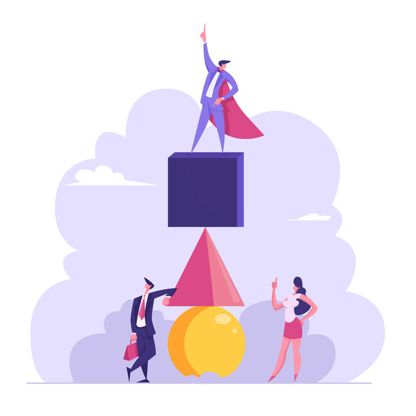 Erfolgreiches Dream-Team-Konzept. Geschäftsmann in superheldenrotem Mantel steht auf einer Pyramide aus geometrischen Figuren. Wettbewerbsführer, Teamarbeit, Herausforderung Cartoon flache Vektorillustration - Vektor, Bild