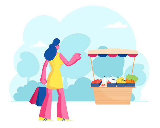 Женщина покупатель стоять за столом с фермером свежие овощи на рынке. Посетите фермерский рынок, покупатель покупает экологически чистые экологически чистые органические продукты питания. Мультипликационный вектор
 - Вектор,изображение