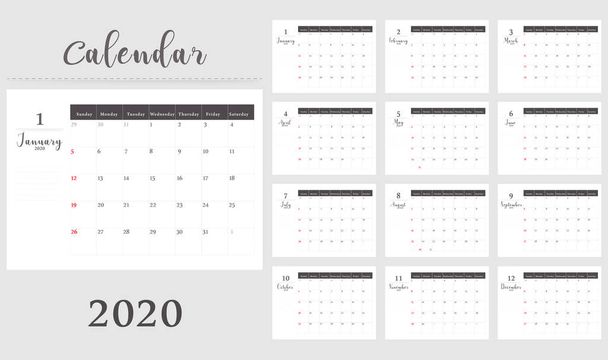 Minimal Calendar 2020 12months in one artboard - Vector Illustration - Διάνυσμα, εικόνα