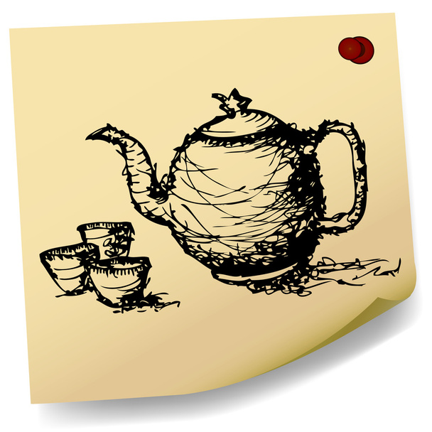 Sketch teapot with cup on sticky paper vector - Vector, Image