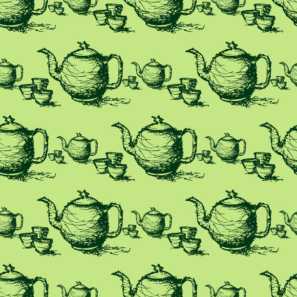 Seamless pattern drawing of green teapot vector - Wektor, obraz