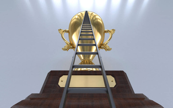 Escalera que conduce a la gran copa de premios. Un camino difícil hacia el éxito. Ilustración creativa conceptual con espacio de copia. Renderizado 3D
 - Foto, imagen