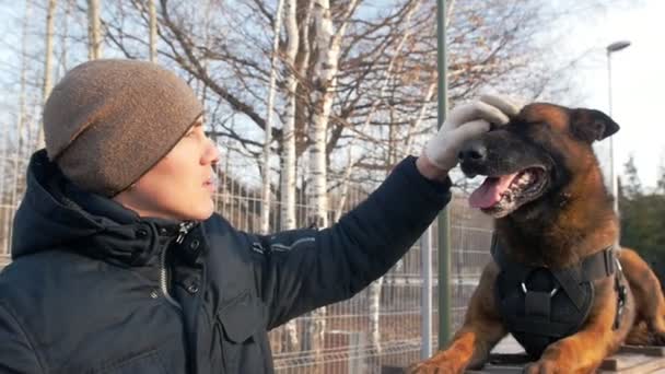 ein Trainer streichelt seinen niedlichen Schäferhund - Filmmaterial, Video