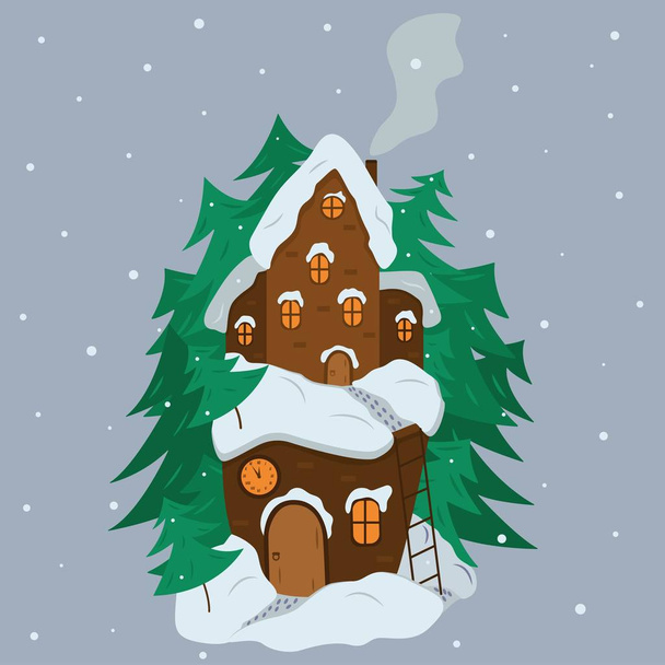 Casa de conto de fadas no inverno entre árvores de Natal e neve
 - Vetor, Imagem