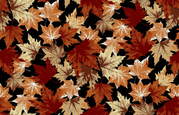 Patrón sin costuras con hojas de arce marrón brillante y naranja. Otoño acuarela hojas sobre fondo negro
. - Foto, Imagen