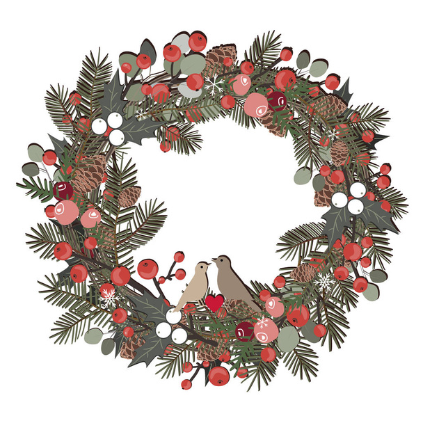 Beautiful Christmas decorative wreath of pine branches, berries, ilex, birds couple, and pine cones isolated on white background. Vector illustration - Vector, Image