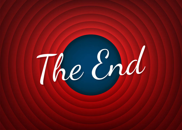 Надпись "Конец" на красном круглом фоне. Завершающий экран старого кинокруга. Векторная иллюстрация
. - Вектор,изображение