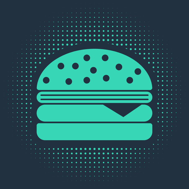 Zöld Burger ikon elszigetelt kék háttérrel. Hamburger ikon. Sajtburger szendvics tábla. Absztrakt kör véletlenszerű pontok. Vektorillusztráció - Vektor, kép
